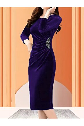 Kadın Uzun Kollu Bot Yaka Yanı Taş Detaylı Midi Kadife Elbise