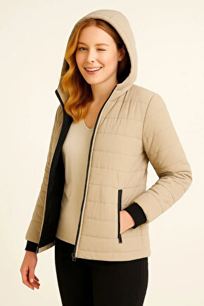 Kadın Şişme Kapüşonlu Fermuarlı Mont Su itici Kapitone Astarlı Kumaş Cepli Kışlık Rahat Kalıp - Bej