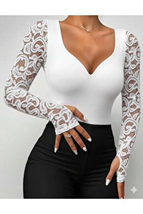 Kadın Uzun Kollu Dantelli Dekolte Detaylı Dalgıç Bluz