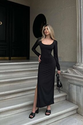 Kadın Kırmızı Yarım Balıkçı Tek Taraf Yırtmaçlı Uzun Kol Elbise