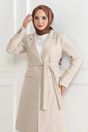 Kaşe Kaban – Uzun Boy Kruvaze Yaka, Kuşaklı Tesettür Kışlık Kaban, Astarlı Şık Yünlü Dokuma Oversize