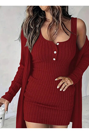 Kadın Askılı Yuvarlak Yakalı önü Düğmeli şardonlu Kaşkorse Mini Elbise Ve Kısa Ceket