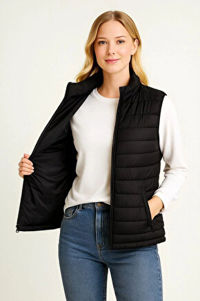 Kadın Şişme Fermuarlı Yelek Su itici Kapitone Astarlı Kumaş Cepli Hafif Kışlık Spor Rahat Kalıp - Si