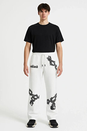 Erkek Üç İplik Pamuklu Baskılı Cepli Jogger Buggy Pantalon Oversize Kalıp - Beyaz