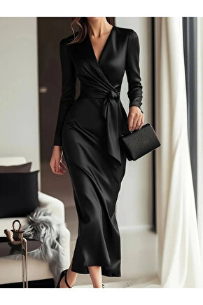 Kadın Uzun Kollu Kruvaze Yakalı Beli Kuşaklı Uzun Saten Elbise