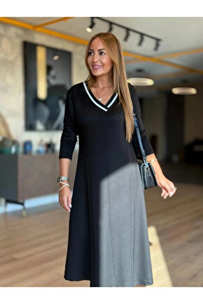Kadın Uzun Kollu V Yakalı Midi Modal Elbise