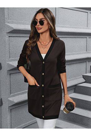 Kadın Uzun Kollu Cepli önden Düğmeli Uzun Modal Ceket Hırka