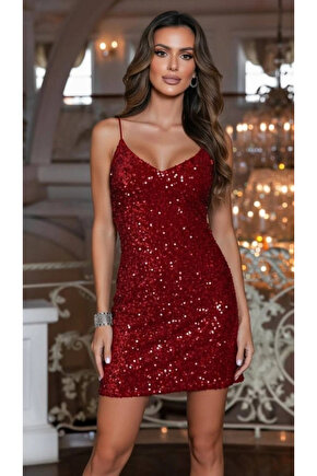 Kadın Omuz Askılı Sırt Dekolteli Kadife Kumaş üzerine Full Pul Payetişlemeli Mini Elbise