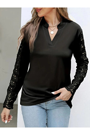 Kadın Uzun Kollu Hakim Yaka Kolları Dantel Detaylı Ithal Krep Bluz