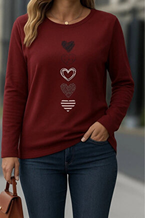 Kadın Uzun Kollu Bisiklet Yaka Desenli Viskon Bluz