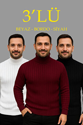 Erkek Fitilli Triko Kazak 2li Set Bordo Siyah Regular Balıkcı Yaka Tam Boğazlı Triko Seti Modeli Kaz