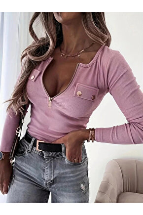 Kadın Uzun Kollu önden Fermuar Ve Cepli Kaşkorse Bluz