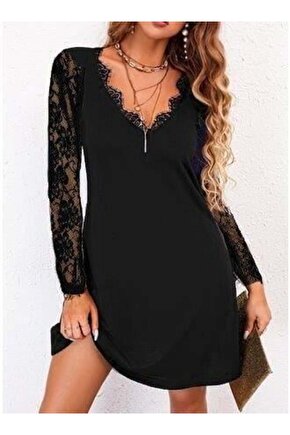 Kadın Uzun Kollu Yaka Ve Kol Dantel Detay Sandy Mini Boy Elbise