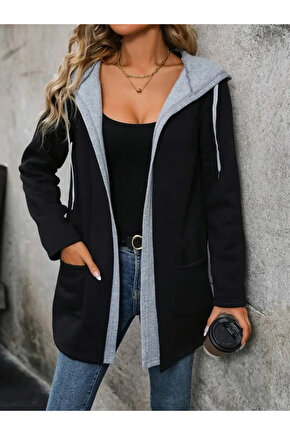 Kadın Uzun Kollu Kapşonlu çift Renkli şardonlu Iki Iplik Ceket