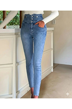 Kadın Yüksek Bel önden Düğmeli Cepli Dar Kesim Detaylı Kot Pantolon