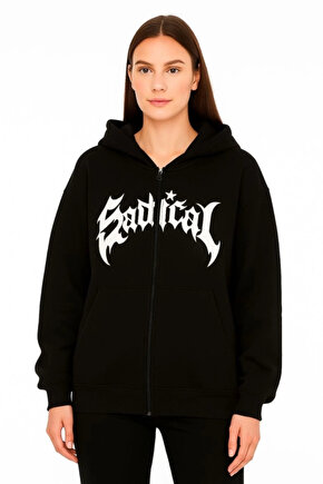 Oversize Kapüşonlu Sweatshirt Hoodie 3 İplik Şardonlu Pamuklu Kumaş, Önü Baskılı, Fermuarlı Rahat K