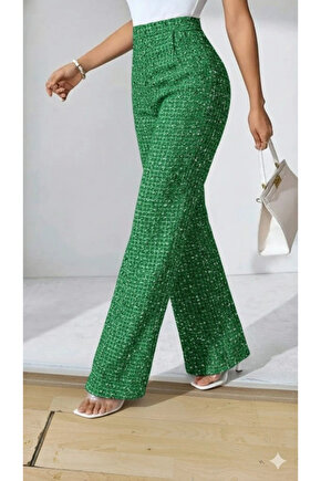 Kadın Yüksek Bel Paçaya Doğru Geniş Dokuma Pantolon