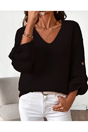 Kadın Uzun Kollu V Yakalı Düğmeli Triko Bluz