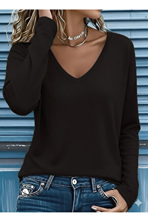 Kadın Uzun Kollu V Yakalı Viskon Iki Iplik Bluz