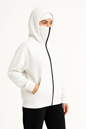 Kadın Samuray Ninja Çift Kapüşonlu Maske Detaylı Fermuarlı Kanguru Cepli Hoodie - Beyaz