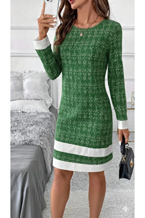 Kadın Uzun Kollu Yuvarlak Yaka Etek Ucu şerit Detaylı Mini Dokuma Elbise