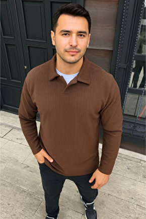 Erkek Fitilli Polar Sweatshirt – Düğmesiz Polo Yaka, Oversize Rahat Kalıp, Kalın Polar Kumaş, Kışlık