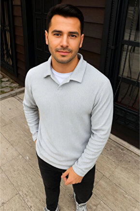 Erkek Fitilli Polar Sweatshirt – Düğmesiz Polo Yaka, Oversize Rahat Kalıp, Kalın Polar Kumaş, Kışlık