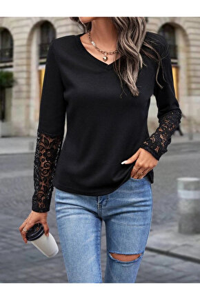 Kadın Uzun Kollu V Yakalı Dantelli Waffle Bluz