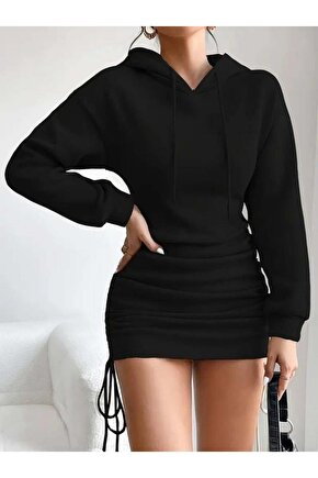 Kadın Uzun Kollu Kapşonlu Yandan Büzgülü Mini Viskon Iki Iplik Elbise