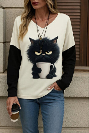 Kadın Uzun Kollu V Yakalı Kedi Baskılı şardonlu Dalgıç Bluz