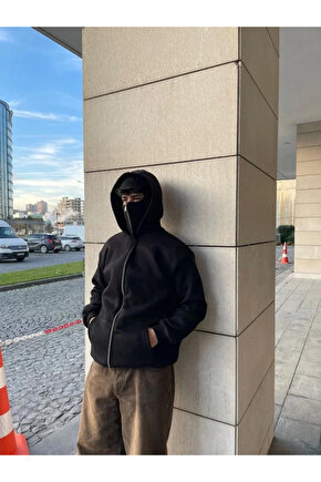 Samuray Ninja Çift Kapşonlu ZIP Fermuarlı Kanguru Çepli Tam Fermuarlı Hoodie Swetshirt - Siyah