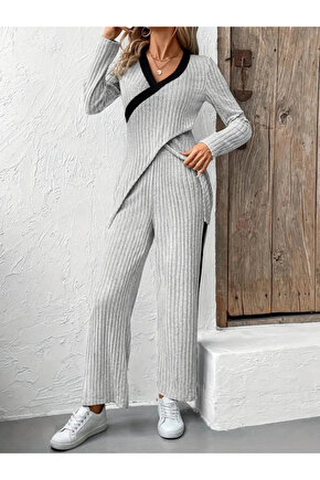 Kadın Uzun Kollu V Yakalı çapraz Detaylı şardonlu Kaşkorse Bluz Ve Pantolon Ikili Takım