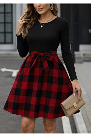 Kadın Uzun Kollu Bisiklet Yaka üst Viskon Alt Ekose Kısa Elbise