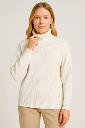 Kadın Balıkcı Yaka Bağazlı Triko Kazak Pamuklu Kalın Fitilli Dokuma - Beyaz