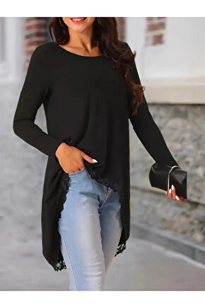 Kadın Uzun Kollu Bisiklet Yaka Asimetrik Kesim Detaylı Dantelli Viskon Bluz