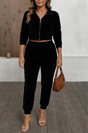 Kadın Uzun Kollu önden Fermuarlı Krop Kadife Ceket Ve Pantolon Ikili Takım