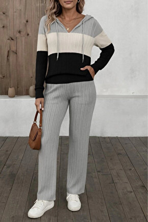 Kadın Uzun Kollu Kapşonlu Bağcıklı Blok Renkli şardonlu Kaşkorse Bluz Ve Pantolon Ikili Takım