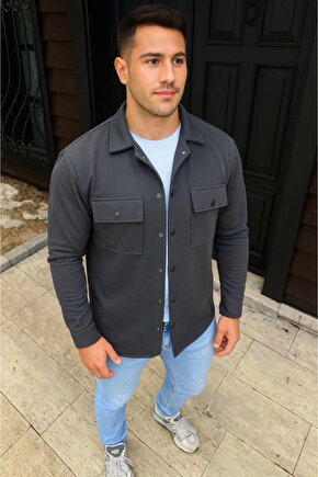 Erkek Diagonal Kumaş Cepli Çıtçıtlı Uzun Kollu, Gömlek Oversize Rahat Kalıp Günlük Şık Stil - Füme