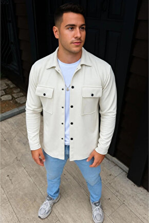 Erkek Diagonal Kumaş Cepli Çıtçıtlı Uzun Kollu, Gömlek Oversize Rahat Kalıp Günlük Şık Stil - Beyaz