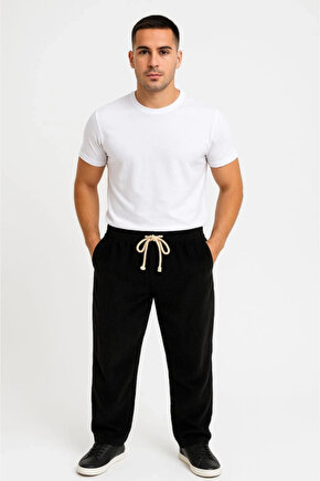 Erkek Fitilli Kadife Cepli Buggy Pantolon Oversize Rahat Kalıp - Siyah