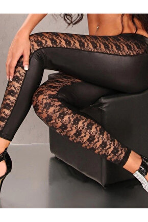 Kadın Yüksek Bel Dantel Detaylı Deri Tayt