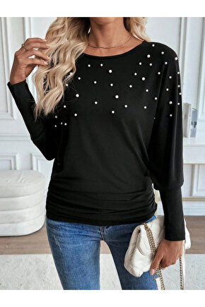 Kadın Uzun Kollu Yuvarlak Yaka Incili Viskon Bluz