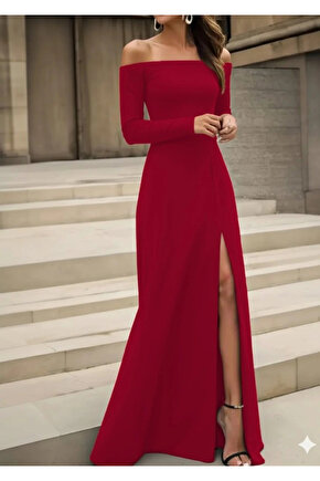 Kadın Uzun Kollu Madonna Yakalı Yırtmaç Detaylı Uzun Ithal Krep Elbise