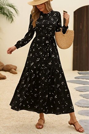 Kadın Uzun Kollu Hakim Yakalı Düğmeli Kuşaklı Desenli Maxi Mikro Süprem Elbise