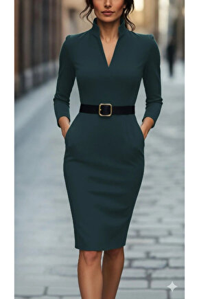Kadın Uzun Kollu Hakim Yaka Beli Kemerli Cepli Midi Ithal Krep Elbise