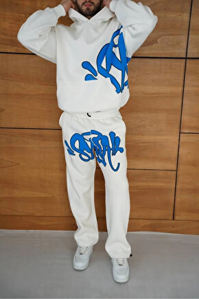 Erkek Kapüşonlu Eşofman Takım Graffiti Baskılı Oversize Rahat Kalıp, Kanguru Cepli, Streetwear Tarz