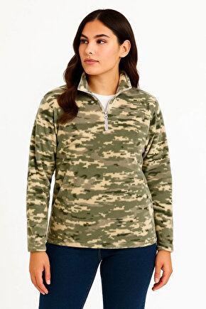 Kadın Yarım Fermuarlı Desenli Polar Sweat – Haki Kamuflaj Yakalı, Uzun Kollu, Oversize Rahat Kalıp -