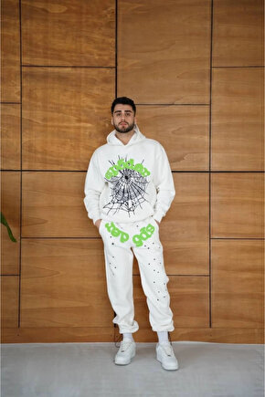 MDB Erkek Kapüşonlu Eşofman Takım Örümcek Ağı Ve Neon Yeşil Baskılı Kanguru Cepli Oversize Rahat Kal