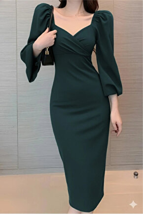 Kadın Uzun Kollu Kalp Yakalı Midi Ithal Krep Elbise