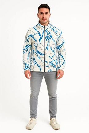 Erkek Tam Fermuarlı Desenli Polar Sweat Lightning Desen Yakalı, Uzun Kollu, Oversize Rahat Kalıp -